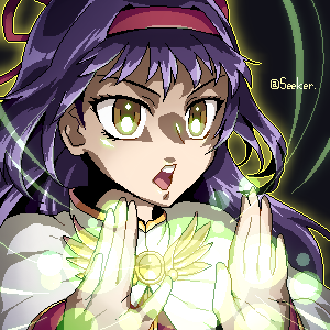 1girl acolyte_(ragnarok_online) brown_eyes capelet commentary_request glowing hair_intakes hairband long_hair lowres magic oekaki open_mouth portrait purple_hair ragnarok_online ragnarok_the_animation red_hairband rouko605 solo white_capelet yuufa