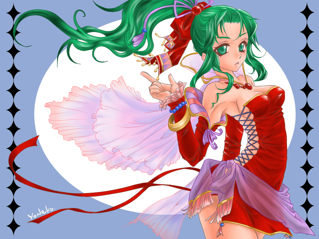 1990s_(style) 1girl breasts cleavage female_focus final_fantasy final_fantasy_vi green_eyes green_hair long_hair matching_hair/eyes no_legwear ponytail retro_artstyle solo tina_branford yoneko