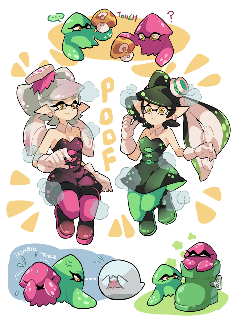 +_+ ... ? alternate_hair_length alternate_hairstyle anger_veig anger_vein angry ankle_boots black_footwear boo_(mario) boots breasts brown_eyes callie_(splatoon) callie_(squid_sisters_outfit)_(splatoon) cleavage cloud company_connection cosplay costume_switch detached_collar dress earrings english_text flying_teardrops food food_on_head frown ghost gomipomi green_pantyhose grey_hair holding inkling inkling_(swim_form) jewelry kuribo&#039;s_shoe marie_(splatoon) marie_(squid_sisters_outfit)_(splatoon) mario_(series) medium_breasts mushroom nintendo object_on_head one_eye_closed pantyhose purple_pantyhose shoes short_jumpsuit splatoon_(series) splatoon_1 spoken_ellipsis squid strapless strapless_dress super_mario_maker sweatdrop trembling winding_key