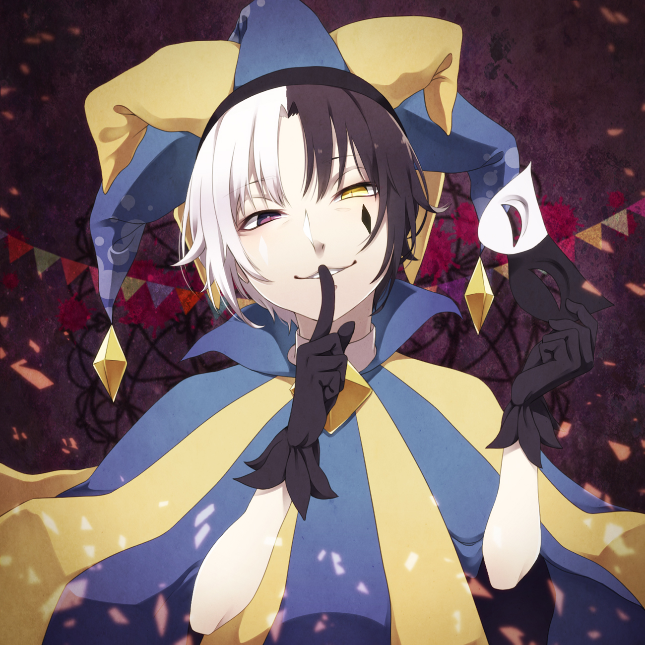 1boy black_eyes black_gloves black_hair clown clown_boy diamond_facial_mark dimentio facial_mark finger_to_mouth gloves hat heterochromia highres holding holding_mask humanization jester jester_boy jester_cap jester_costume looking_at_viewer male_focus mario_(series) mask multicolored_hair multicolored_hat nintendo paper_mario parted_lips shifumame short_hair shushing solo split-color_hair string_of_flags super_paper_mario upper_body white_hair yellow_eyes