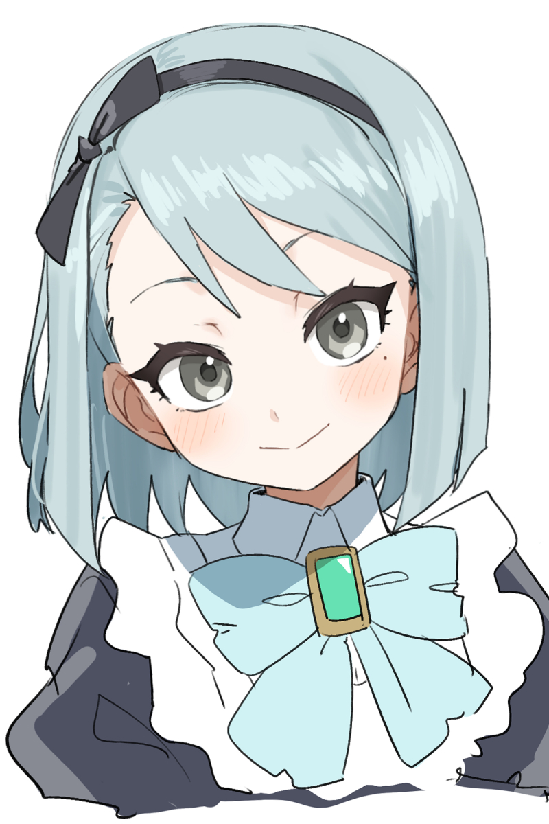 1girl ace_attorney aged_down black_hairband blue_ribbon blush cropped_torso franziska_von_karma gazacy_(dai) gem green_gemstone grey_eyes grey_hair hairband highres looking_at_viewer mole mole_under_eye puffy_sleeves ribbon short_hair smile solo