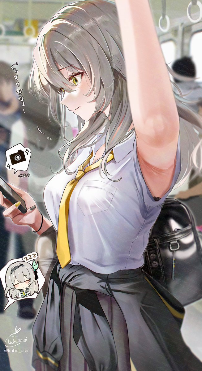 1girl alternate_costume arm_up armpit_focus armpit_peek armpits backpack bag black_bag black_jacket black_nails bra bra_peek breast_pocket closed_mouth clothes_around_waist commentary_request firefly_(honkai:_star_rail) from_side grey_hair grey_skirt honkai:_star_rail honkai_(series) jacket jacket_around_waist kabu_usagi light_smile long_hair looking_at_phone multicolored_nails nail_polish paid_reward_available people phone pocket school_uniform shirt signature skirt solo_focus spoken_character stelle_(honkai:_star_rail) trailblazer_(honkai:_star_rail) train_interior translation_request underwear white_shirt yellow_eyes yellow_nails