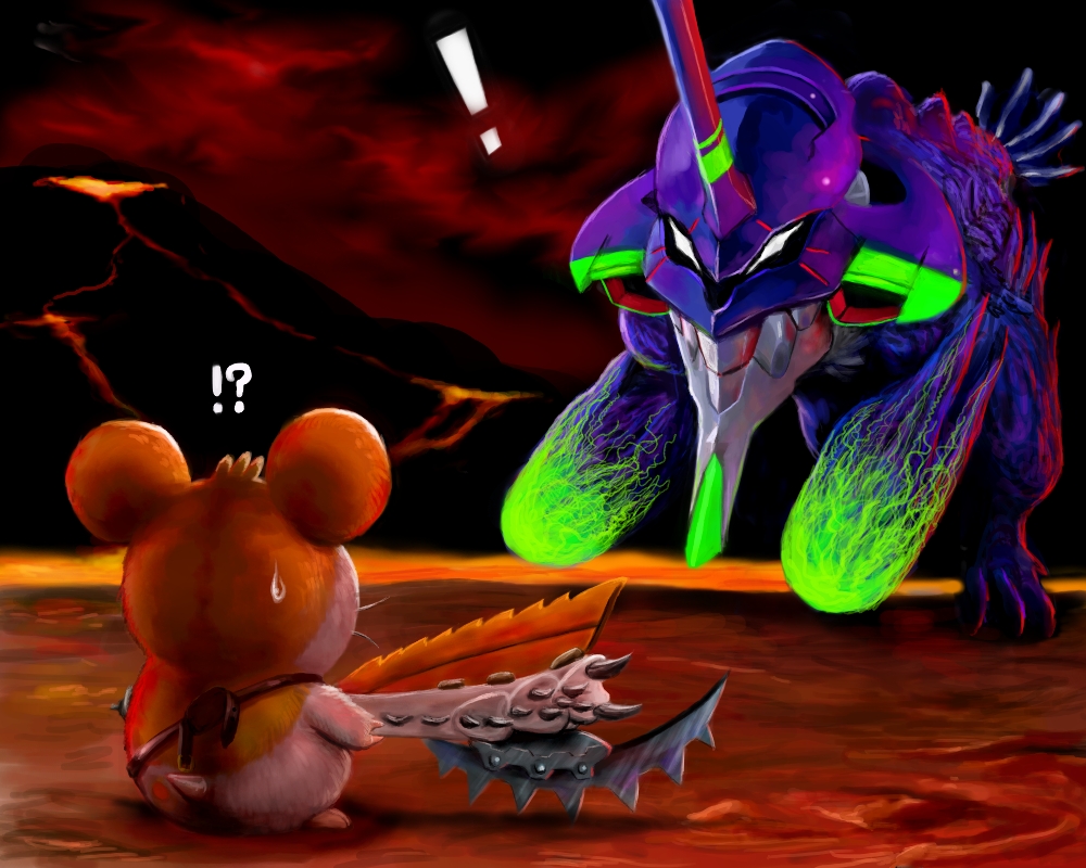 !? alternate_form animal_ears brachydios capcom cosmo_(465lilia) crossover eva_01 hamster hamtaro hamtaro_(series) holding holding_weapon looking_at_another lava neon_genesis_evangelion no_humans parody sky standing volcano weapon what