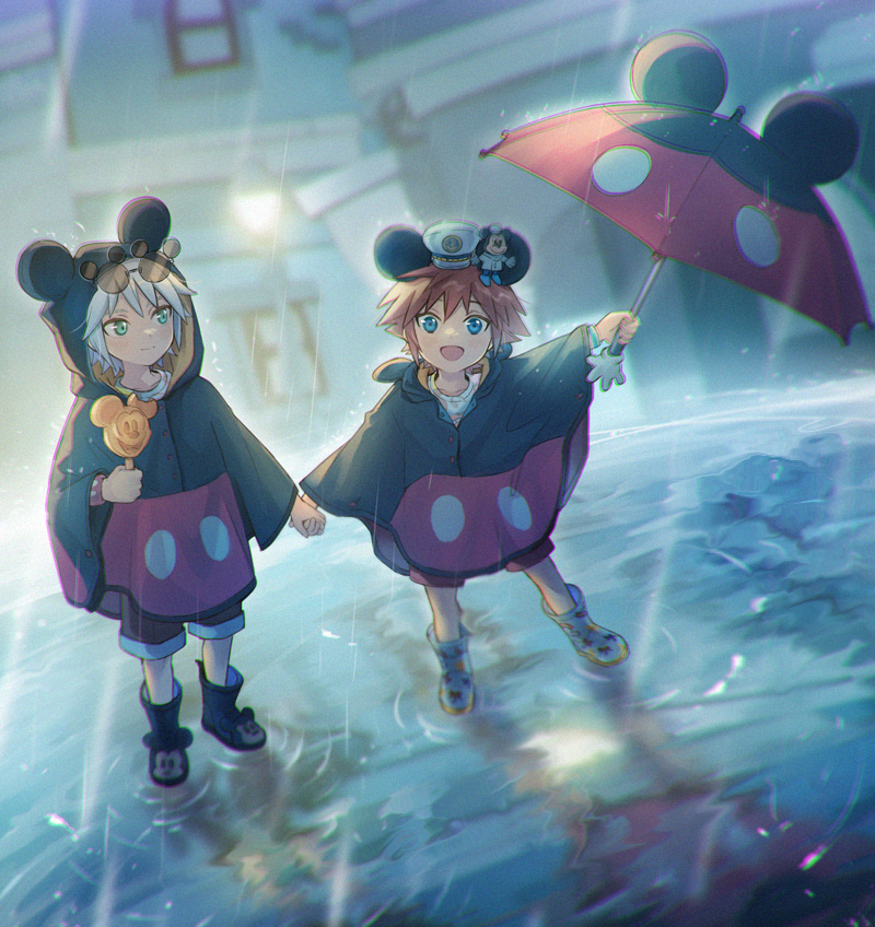 2boys aqua_eyes blue_eyes blush boots brown_hair child eating food glasses glasses_on_head green_eyes happy hat holding holding_hands holding_umbrella hood hood_up kingdom_hearts looking_at_another looking_at_viewer mickey_mouse mickey_mouse_&amp;_friends mickey_mouse_ears multiple_boys puddle rain rainboots raincoat riku_(kingdom_hearts) short_hair shorts smile sora_(kingdom_hearts) spiked_hair sunglasses umbrella white_hair yurichi_(artist)