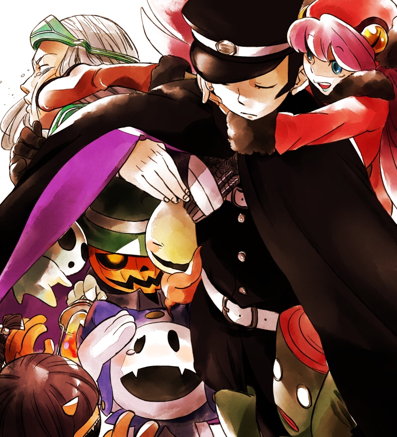 1girl 2boys atlus bad_id bad_pixiv_id belt black_hair blue_eyes boots cape carrying closed_eyes devil_summoner hat jack-o&#039;-lantern jack_frost_(megami_tensei) kicking kuzunoha_raidou mokoi monster multiple_boys muu_shuwuu_(megami_tensei) obariyon onmoraki piggyback pink_hair poltergeist pumpkin pyro_jack raidou_kuzunoha_vs_king_abaddon shin_megami_tensei tam_lin white_hair yukataro