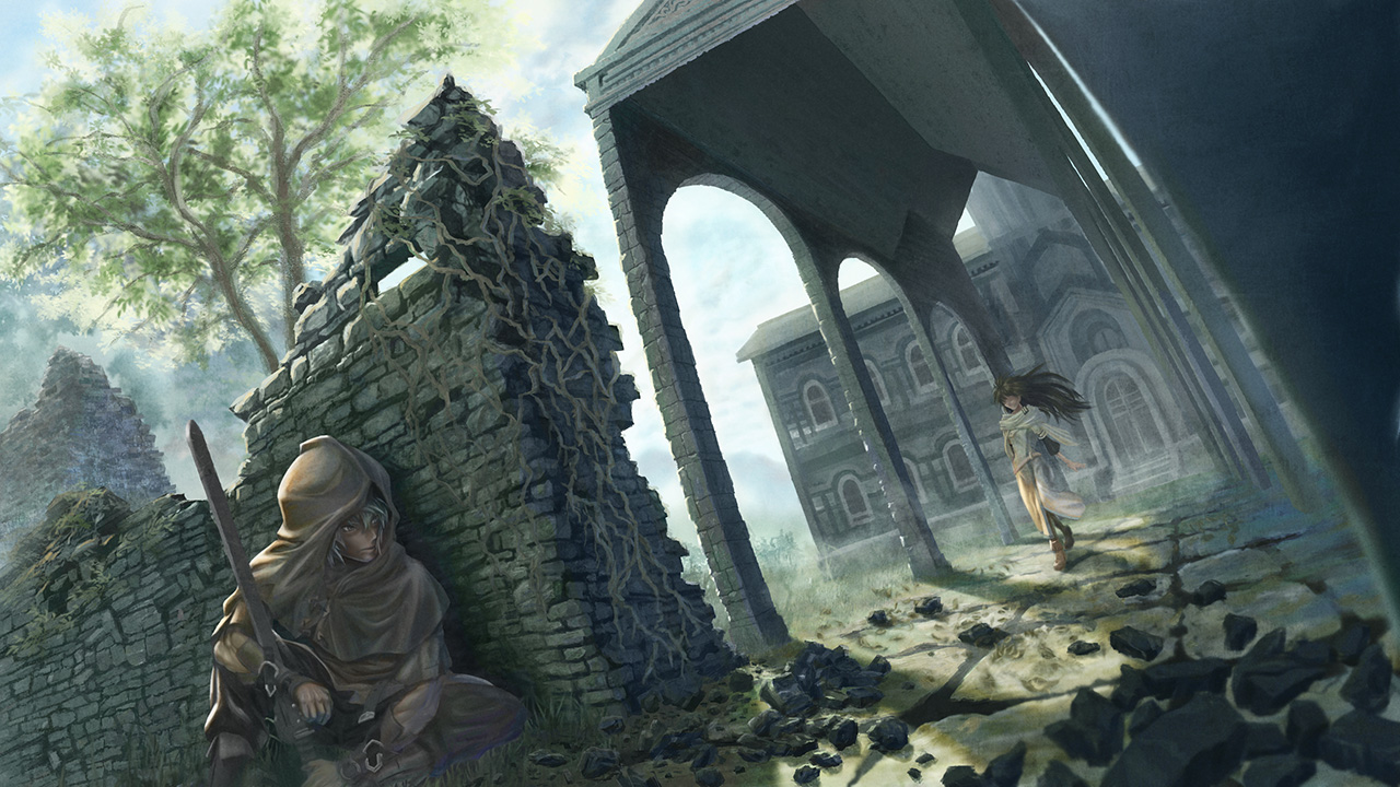 1boy 1girl assassin assassination black_hair building cloak faceless faceless_female fantasy hiding hood hood_up hooded_cloak long_hair long_sleeves original outdoors parted_lips rock short_hair sitting stone_floor stone_wall studiohayama tree walking white_hair