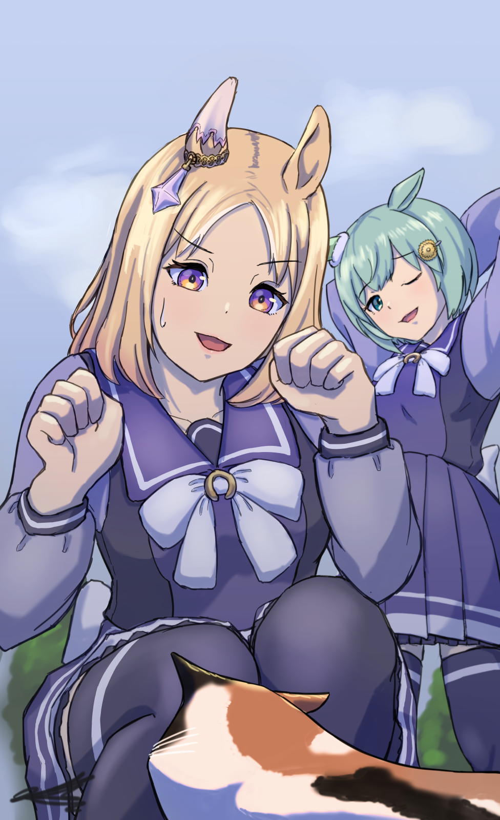 2girls ;d animal_ears arms_behind_head back_bow blonde_hair bow bowtie calico_(pattern) calico_cat cat_day claw_pose ear_covers flower green_eyes green_hair hair_flower hair_ornament highres horse_ears horse_girl horseshoe_ornament long_sleeves multiple_girls narita_top_road_(umamusume) one_eye_closed open_mouth purple_eyes purple_serafuku purple_shirt purple_skirt purple_thighhighs sailor_collar sailor_shirt school_uniform seiun_sky_(umamusume) serafuku shirt short_hair signature single_ear_cover skirt smile sunflower sunflower_hair_ornament tanasiso thighhighs tracen_school_uniform umamusume white_bow white_bowtie white_skirt