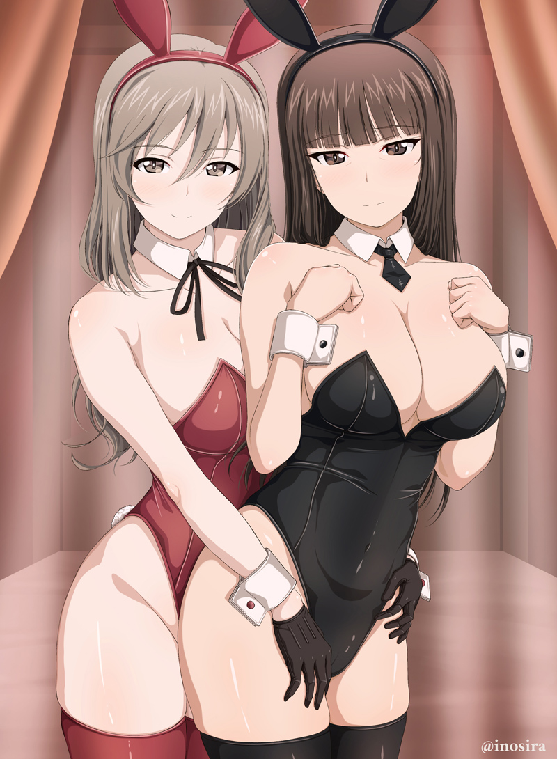 2girls animal_ears black_gloves black_leotard black_necktie black_ribbon black_thighhighs blunt_bangs blush breasts brown_eyes brown_hair closed_mouth covered_navel cowboy_shot detached_collar fake_animal_ears fake_tail girls_und_panzer gloves hug hug_from_behind inoshira large_breasts leotard long_hair looking_at_viewer mature_female multiple_girls neck_ribbon necktie nishizumi_shiho playboy_bunny rabbit_ears rabbit_tail red_leotard red_thighhighs ribbon shimada_chiyo smile standing straight_hair strapless strapless_leotard tail thighhighs twitter_username wrist_cuffs