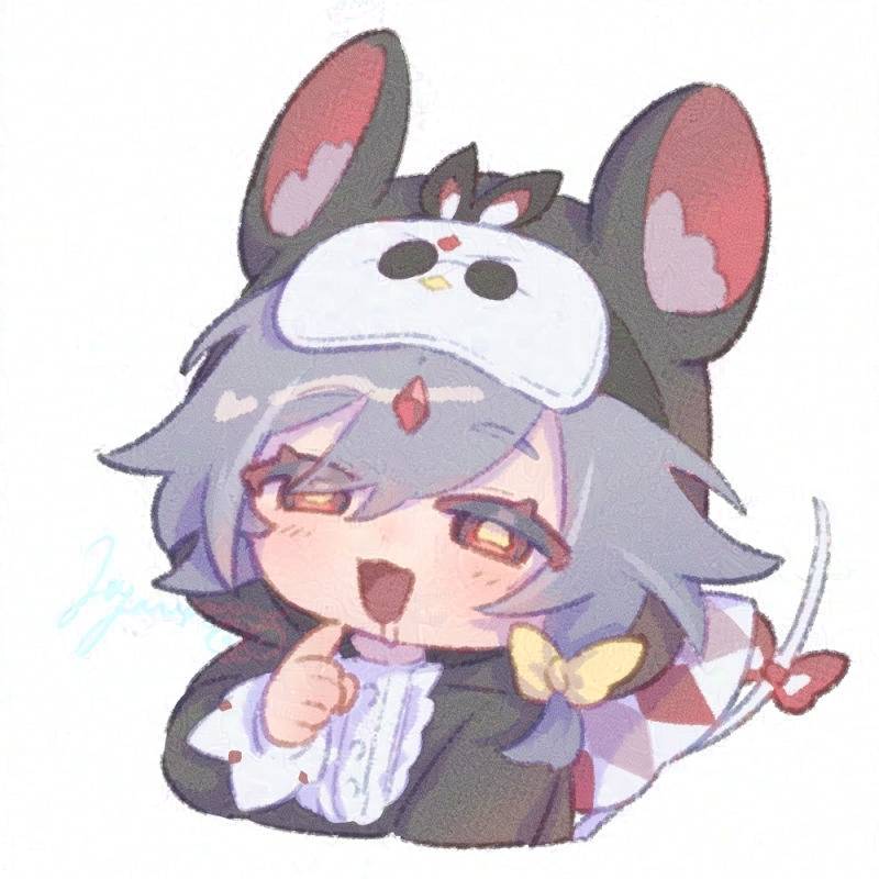 1girl :d animal_costume animal_ear_fluff animal_ears animal_hood blush bow commentary_request cropped_torso drooling eyes_visible_through_hair fake_animal_ears grey_hair hair_bow hair_over_one_eye herrscher_of_sentience honkai_(series) honkai_impact_3rd hood hood_up hyourou_m jingwei_(bird) long_sleeves mask mask_on_head mouse_costume mouse_ears mouse_hood mouse_tail multicolored_hair open_mouth puffy_long_sleeves puffy_sleeves red_bow red_eyes signature simple_background smile solo streaked_hair tail tail_bow tail_ornament upper_body white_background yellow_bow