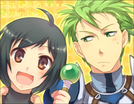 1boy 1girl :d aran_(fire_emblem) black_hair brown_eyes copyright_name dress fire_emblem fire_emblem:_radiant_dawn green_eyes green_hair itsuki_(nightlight) laura_(fire_emblem) looking_at_another lowres nintendo open_mouth short_hair smile staff