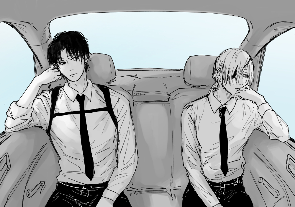 1boy 1girl car_interior car_seat chainsaw_man closed_mouth expressionless eye_mask formal_clothes haevaf hair_over_one_eye kishibe_(chainsaw_man) kishibe_(young)_(chainsaw_man) monochrome necktie quanxi_(chainsaw_man) short_hair sitting spot_color suit upper_body window