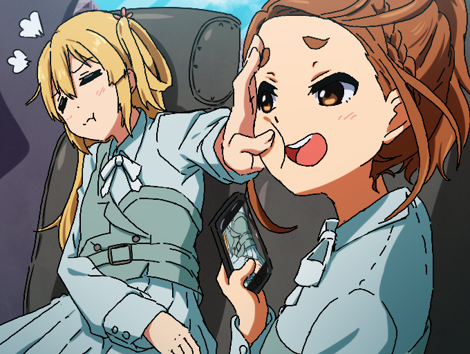 22/7 2girls :t =_= blonde_hair blue_bow blue_bowtie blue_dress blush bow bowtie braid brown_eyes brown_hair car_interior cellphone closed_eyes dress fujima_sakura hair_rings high_ponytail holding holding_phone igashiko kono_miyako long_hair long_sleeves looking_at_another multiple_girls oekaki one_side_up open_mouth phone pleated_dress ponytail puff_of_air single_braid single_hair_ring sitting smartphone teeth upper_teeth_only window