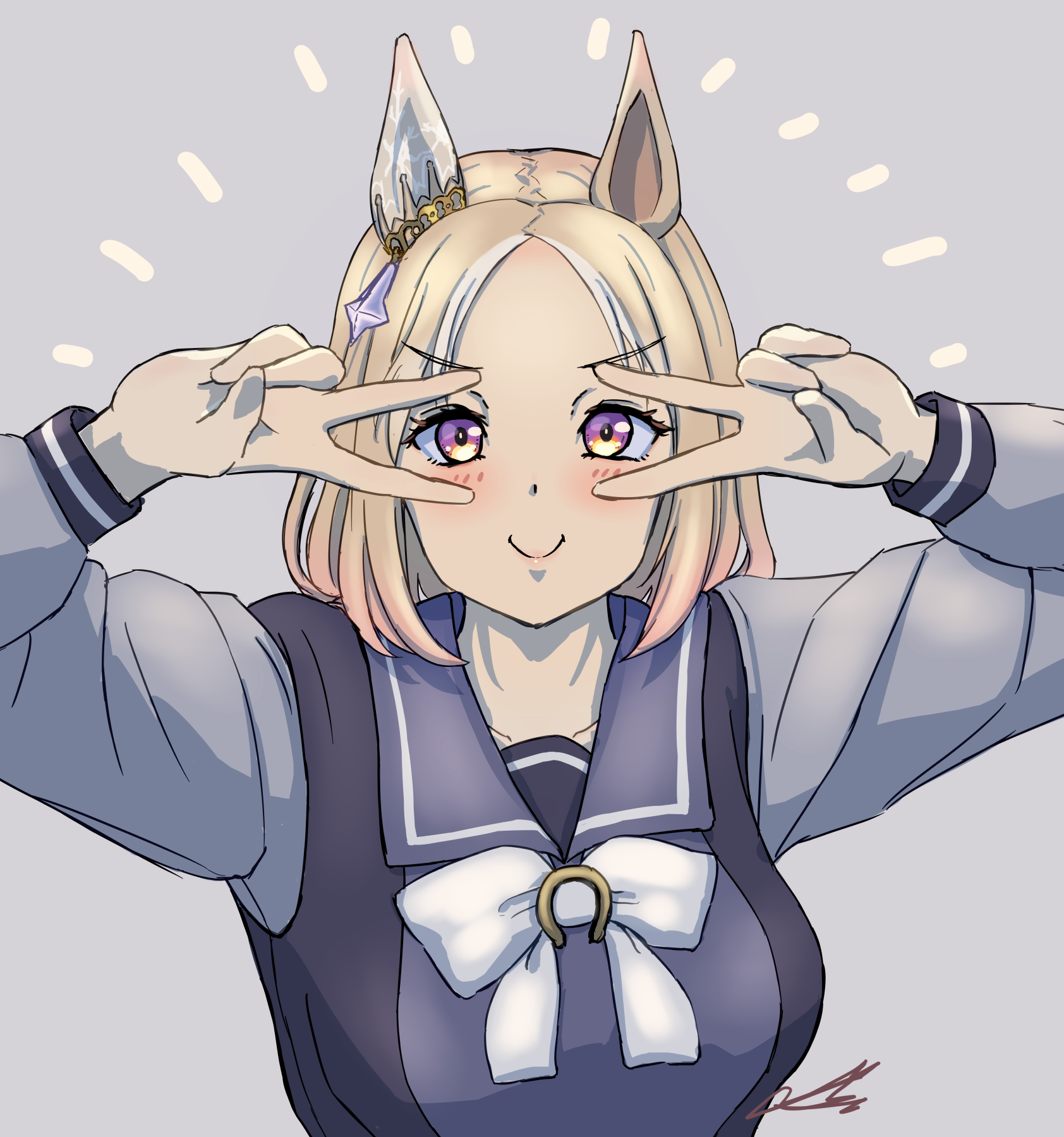 1girl animal_ears blonde_hair bow bowtie breasts double_v ear_covers grey_background highres horse_ears horse_girl horseshoe_ornament large_breasts long_sleeves looking_at_viewer narita_top_road_(umamusume) purple_eyes purple_serafuku purple_shirt sailor_collar sailor_shirt school_uniform serafuku shirt short_hair signature simple_background single_ear_cover smile solo tanasiso tracen_school_uniform umamusume upper_body v white_bow white_bowtie