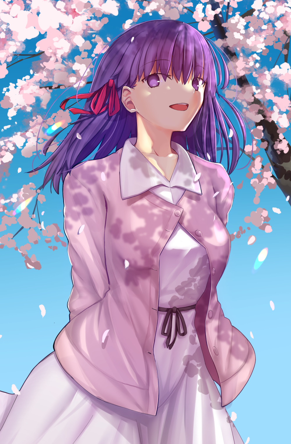 1girl blue_sky breasts cherry_blossoms falling_petals fate/stay_night fate_(series) hair_between_eyes hair_ribbon heaven&#039;s_feel highres iro_(sekaixiro) large_breasts long_hair long_sleeves looking_at_viewer matou_sakura open_clothes open_mouth outdoors petals pinky_sweater purple_eyes purple_hair red_ribbon ribbon shirt simple_background skirt sky smile solo spring_(season) takeuchi_takashi_(style) white_shirt white_skirt