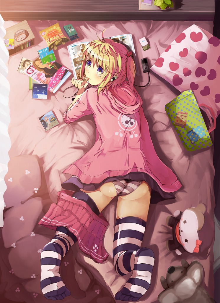 1girl ass bed blonde_hair cd chips_(food) clock digital_media_player eating feet female_focus food heart hood hoodie ipod lying magazine_(object) mouth_hold muruaka no_shoes on_stomach original panties pillow pocky purple_eyes resized revision skirt skirt_around_one_leg soles solo striped_clothes striped_panties striped_thighhighs thighhighs toes underwear