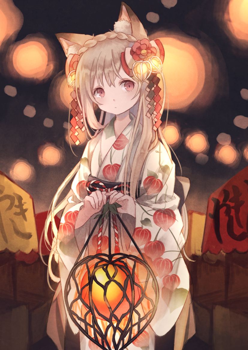 1girl animal_ears blush brown_hair camellia closed_mouth cowboy_shot female_focus festival flower fox_ears hair_flower hair_ornament holding japanese_clothes kimono long_hair looking_at_viewer obi original oro_ponzu outdoors red_eyes red_flower sash shide solo white_kimono yukata
