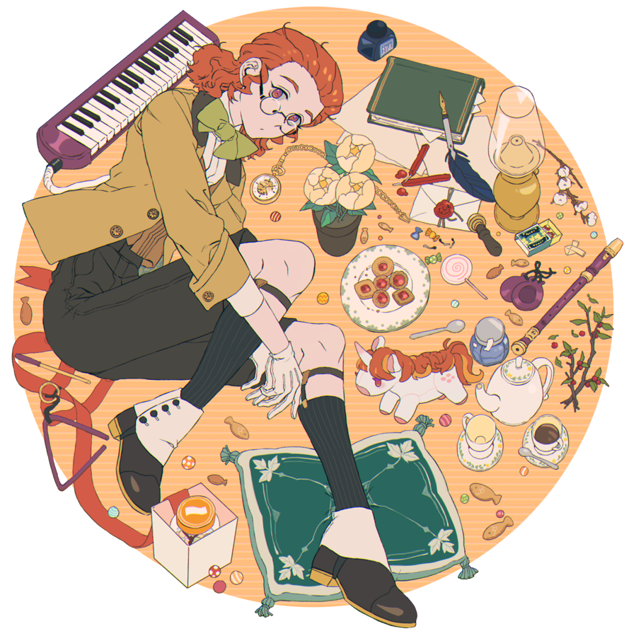 1boy alpha_transparency black_shoes black_socks book bow bowtie brown_hair brown_jacket brown_vest candy castanets classicaloid commentary flower flute food forehead franz_schubert_(classicaloid) glasses gloves green_bow green_bowtie ink_stamp inkwell instrument jacket keyboard_(instrument) legwear_garter lollipop long_sleeves looking_at_viewer lying male_focus matchbox on_side paper pillow plant pocket_watch potted_plant quill recorder sf_jd shirt shoes short_hair socks solo stuffed_unicorn swirl_lollipop teapot triangle_(instrument) tulip vest watch white_gloves white_shirt wrapped_candy yellow_flower yellow_tulip
