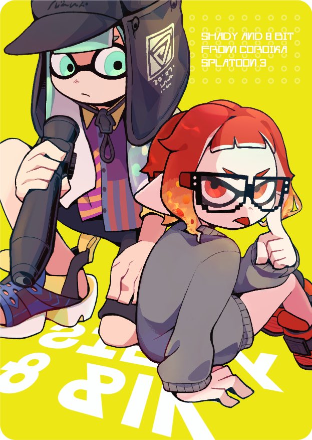 2girls :p aqua_eyes aqua_hair finger_to_face glasses inkling inkling_(language) inkling_girl inkling_player_character looking_at_another looking_at_viewer multiple_girls nintendo red_eyes red_hair splatoon_(series) splatoon_3 tongue tongue_out yunxd