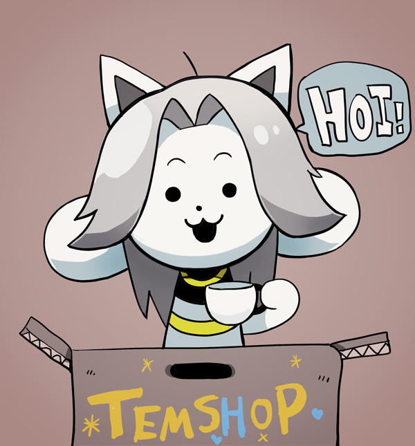animal_ears brown_background creature cup english_text grey_hair holding holding_cup no_humans simple_background solo speech_bubble temmie terada_tera undertale upper_body