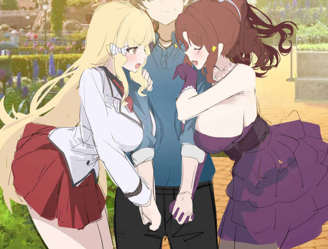 1boy 2girls akino_(princess_connect!) blonde_hair breasts dress girl_sandwich image_sample large_breasts long_hair multiple_girls princess_connect! red_hair sandwiched saren_(princess_connect!) twitter_sample xiujia_yihuizi yuuki_(princess_connect!)