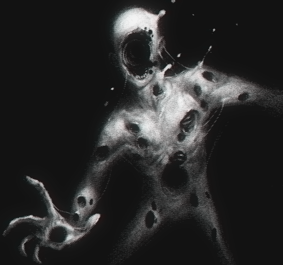 1boy bald black_background greyscale hole_on_body horror_(theme) male_focus marvel monochrome omegablackart open_hand solo spider-man_(series) spot_(marvel) teeth
