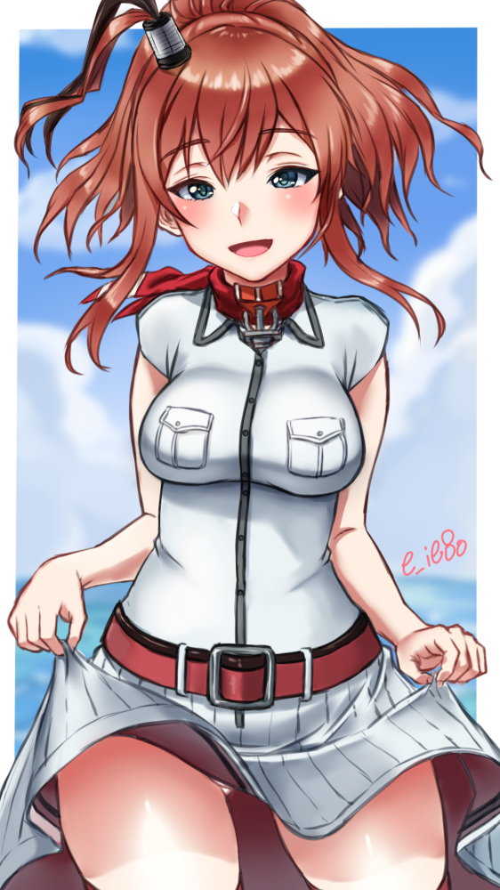 1girl artist_name belt blue_eyes breast_pocket breasts brown_hair clothes_lift cowboy_shot dress dress_lift female_focus hair_between_eyes high_side_ponytail impossible_clothes kantai_collection long_hair looking_at_viewer medium_breasts neckerchief nyantiu pocket ponytail red_legwear red_neckerchief saratoga_(kancolle) side_ponytail sidelocks smokestack_hair_ornament solo white_dress