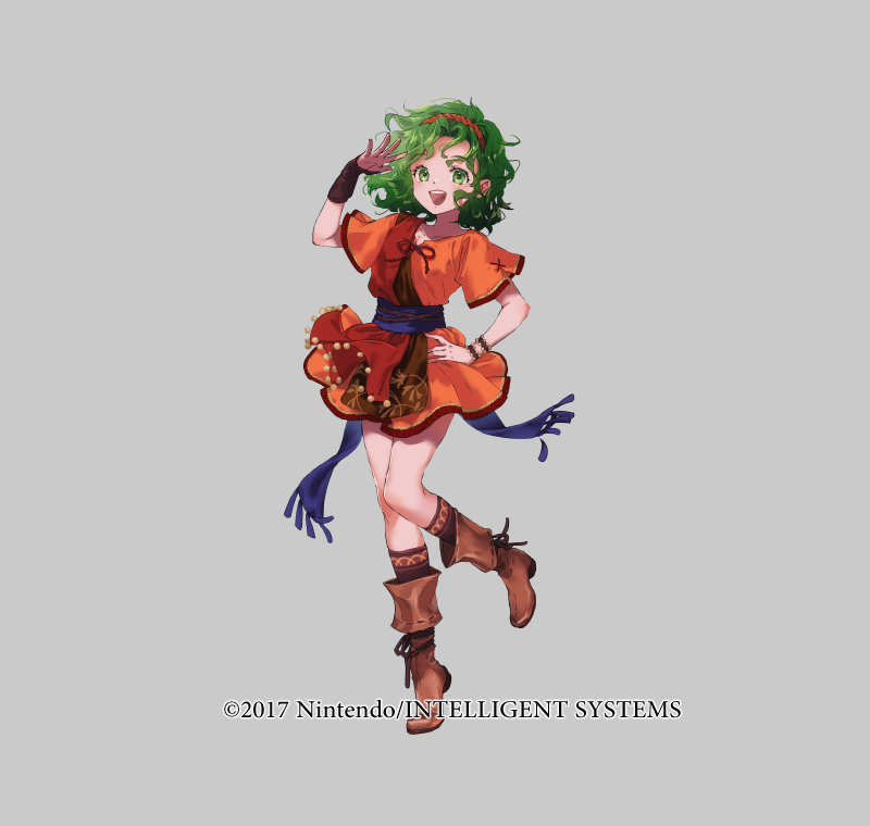 1girl blue_sash boots bracelet brown_boots dress fire_emblem fire_emblem:_thracia_776 fire_emblem_heroes full_body green_eyes green_hair grey_background intelligent_systems jewelry looking_at_viewer mayo_(becky2006) medium_hair nintendo official_art open_mouth red_dress sash simple_background smile solo tachi-e tina_(fire_emblem)