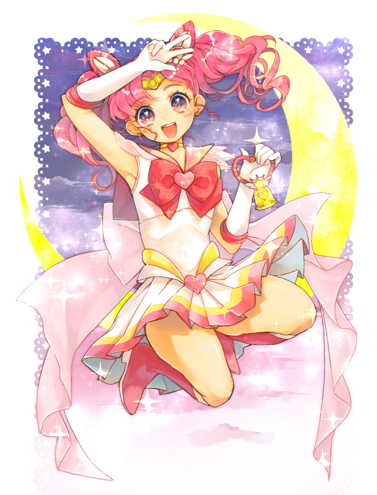 1girl 58_(scbaby) bishoujo_senshi_sailor_moon boots border bow chibi_usa crescent_moon eyelashes floating full_body gloves leotard looking_at_viewer magical_girl moon open_mouth pink_boots pleated_skirt red_bow sailor_senshi_uniform skirt solo sparkle twintails white_border white_gloves white_leotard