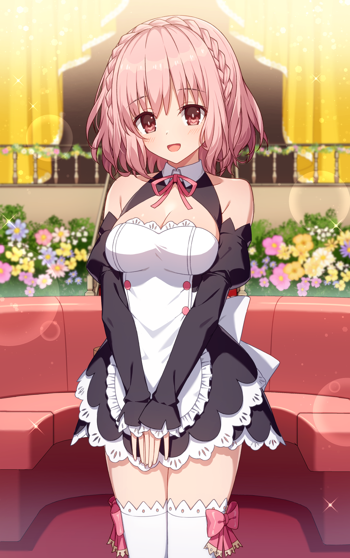 1girl :d apron bare_shoulders black_dress black_sleeves blue_flower blurry blurry_background braid breasts cleavage commentary_request commission crown_braid date_a_live date_a_live:_rinne_utopia depth_of_field detached_sleeves dream_c_club dream_c_club_(series) dress flower frilled_apron frills hair_between_eyes highres juliet_sleeves long_sleeves looking_at_viewer medium_breasts neck_ribbon open_mouth pink_flower pink_hair pink_ribbon pixiv_commission puffy_sleeves railing red_eyes ribbon sleeves_past_wrists smile solo sonogami_rinne t@ke-g thighhighs white_apron white_flower white_thighhighs yellow_flower