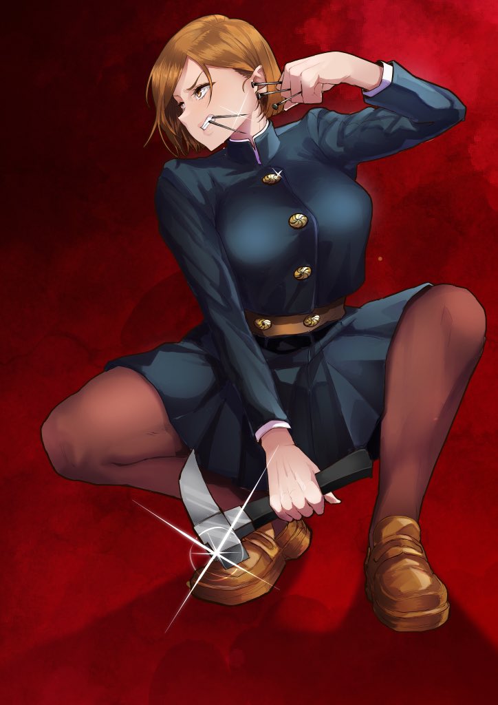 1girl brown_eyes brown_hair brown_pantyhose brown_shoes clenched_teeth commentary_request female_focus gakuran hair_behind_ear hammer holding holding_hammer holding_nail in_mouth jujutsu_kaisen kugisaki_nobara nail nail_(hardware) pantyhose red_background school_uniform shoes short_hair solo sonparesu squatting teeth
