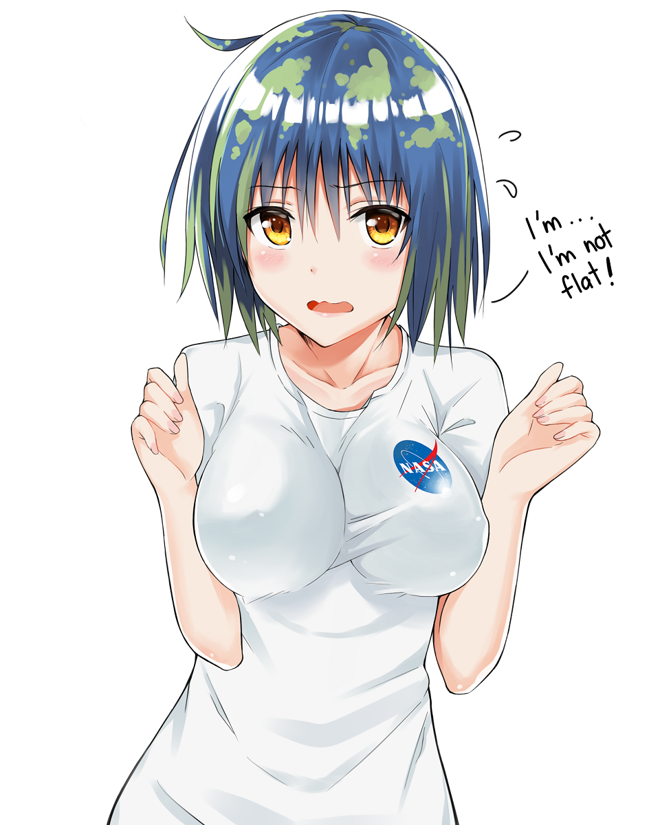 1girl blue_hair blush breasts breasts_squeezed_together collarbone covered_erect_nipples earth-chan english_text female_focus green_hair highres j@ck large_breasts logo looking_at_viewer medium_hair multicolored_hair nasa nasa_logo no_bra open_mouth original shirt short_hair simple_background solo t-shirt taut_clothes taut_shirt wavy_mouth white_background yellow_eyes