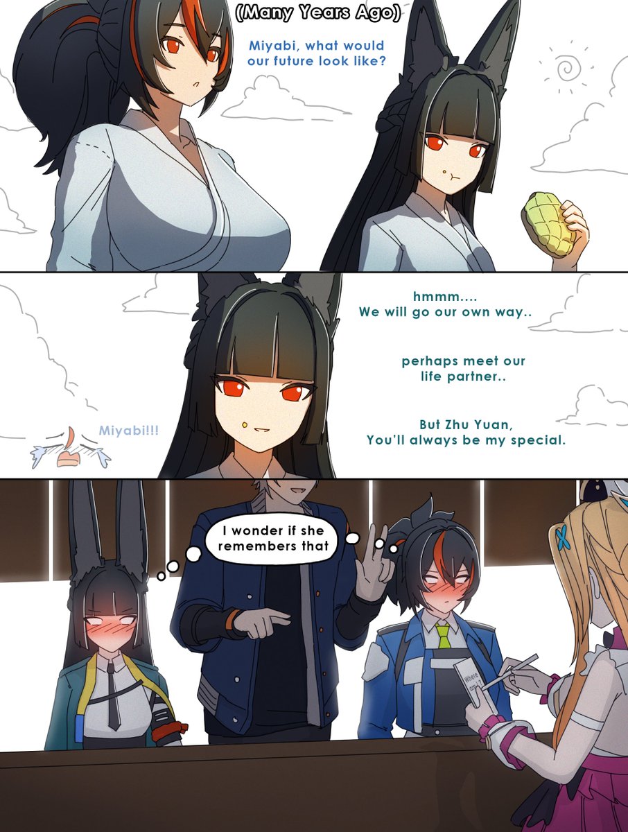 1boy 3girls animal_ears black_hair blonde_hair blue_jacket blush breasts cloud cloudy_sky crumbs dorahdew eating english_text escoffier_(genshin_impact) fox_ears fox_girl genshin_impact green_jacket grey_hair hair_ornament highres hoshimi_miyabi jacket large_breasts multicolored_hair multiple_girls police police_uniform policewoman red_eyes red_hair shirt simple_background sky white_shirt wise_(zenless_zone_zero) zenless_zone_zero zhu_yuan