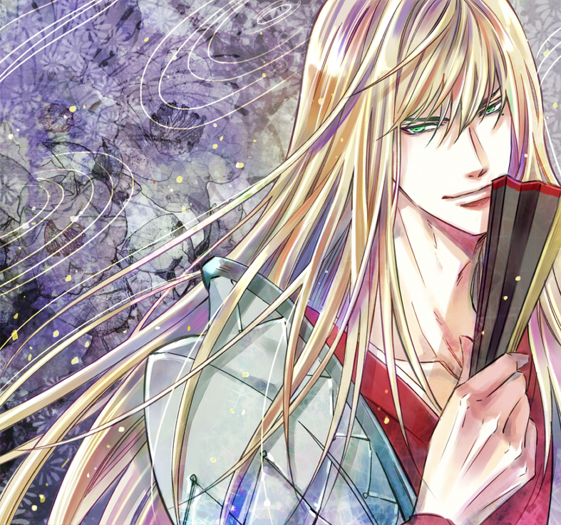1boy blonde_hair floating_hair floral_background green_eyes hair_between_eyes hand_fan holding holding_fan japanese_clothes kaoru long_hair looking_at_viewer male_focus mole mole_under_eye portrait purple_background sen_no_rikyuu_(sengoku_basara) sengoku_basara smile solo v-shaped_eyebrows