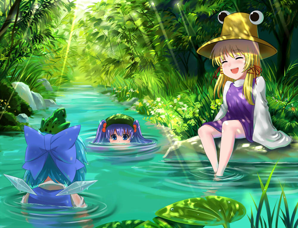3girls blonde_hair blue_eyes blue_hair bow cirno frog hair_bobbles hair_bow hair_ornament hat kawashiro_nitori moriya_suwako multiple_girls short_hair touhou twintails two_side_up windtalker wings