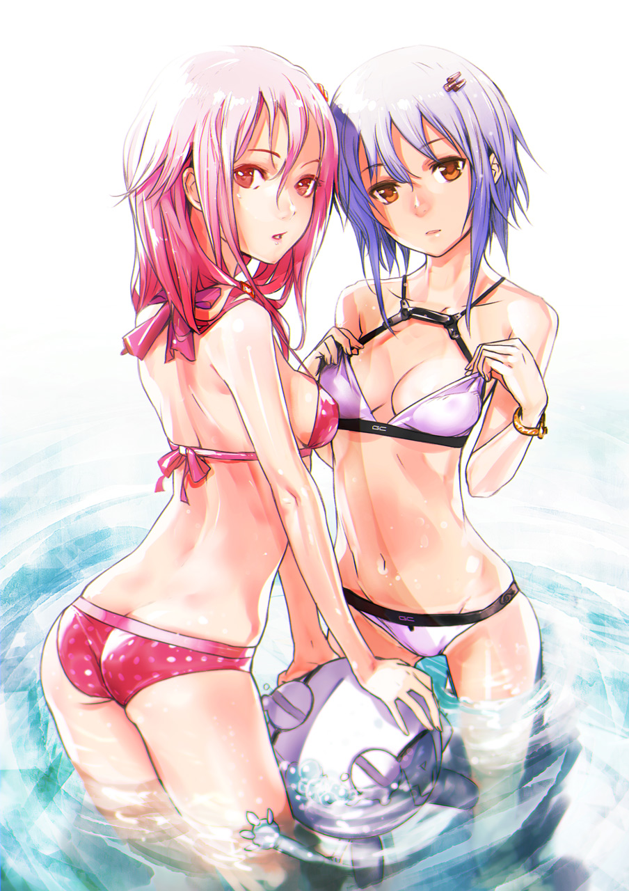 2girls adjusting_bra adjusting_clothes bare_arms bare_legs bare_shoulders bikini blue_hair bra bracelet breasts brown_eyes bubble carol_(guilty_crown) cleavage cropped_legs eater fyu-neru guilty_crown hair_ornament hairclip head_tilt highres jewelry looking_back medium_hair midriff multiple_girls navel parted_lips pink_eyes pink_hair pushing_away redjuice ribbon short_hair standing swimsuit underwear wading yuzuriha_inori