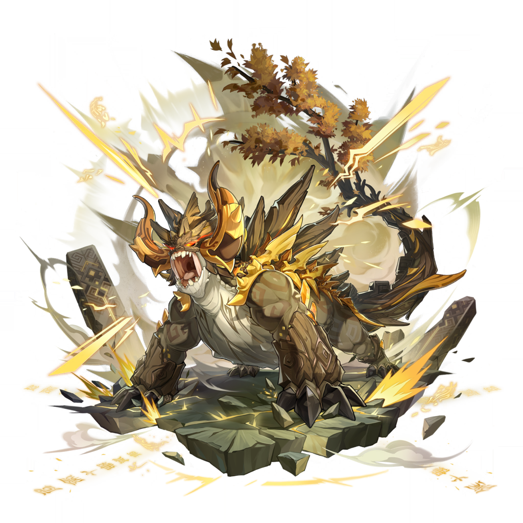 angry artist_request azhdaha_(genshin_impact) brown_horns claws crack cracked_floor dragon dust_cloud energy genshin_impact glowing glowing_eyes horns no_humans official_art open_mouth red_eyes roaring rock solo spikes stele stone_floor teeth tongue transparent_background tree tree_tail yellow_horns