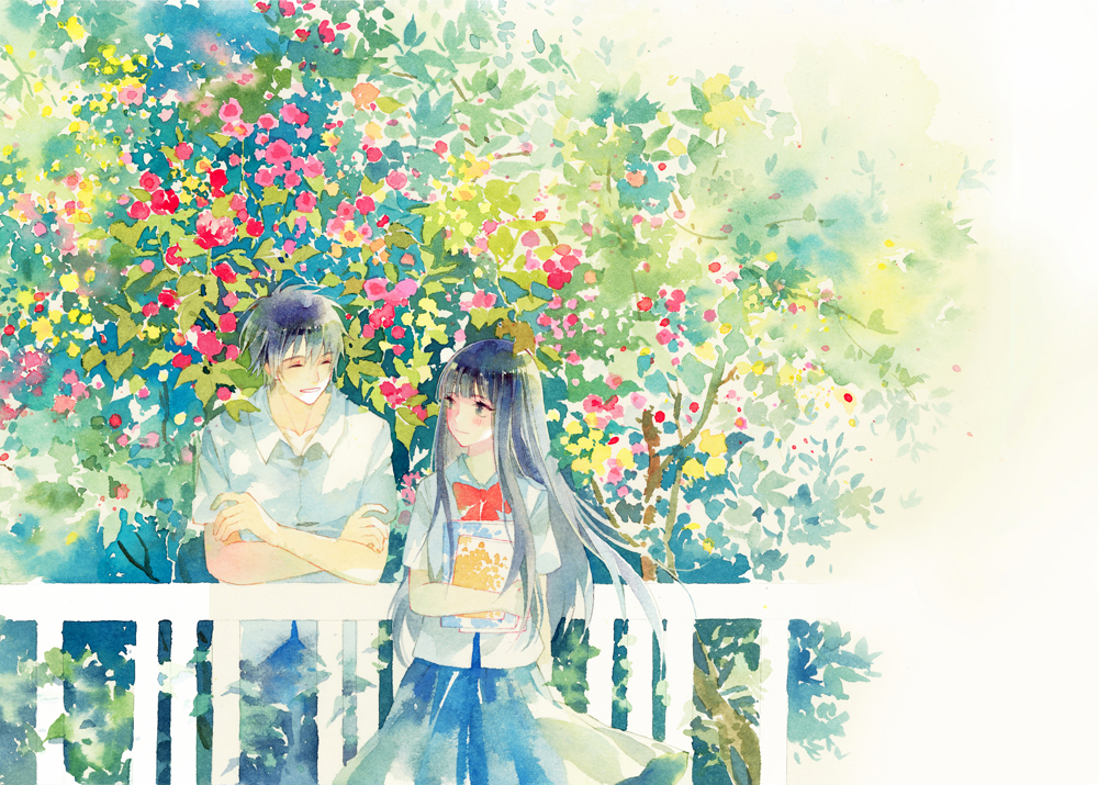 1boy 1girl black_hair blue_hair blunt_bangs book bow bowtie closed_eyes commentary crossed_arms flower holding holding_book kazehaya_shouta kimi_ni_todoke kuronuma_sawako long_hair looking_at_another outdoors painting_(medium) railing red_bow red_bowtie red_flower rei_(456789io) school_uniform shirt short_hair short_sleeves skirt smile traditional_media tree watercolor_(medium) white_shirt