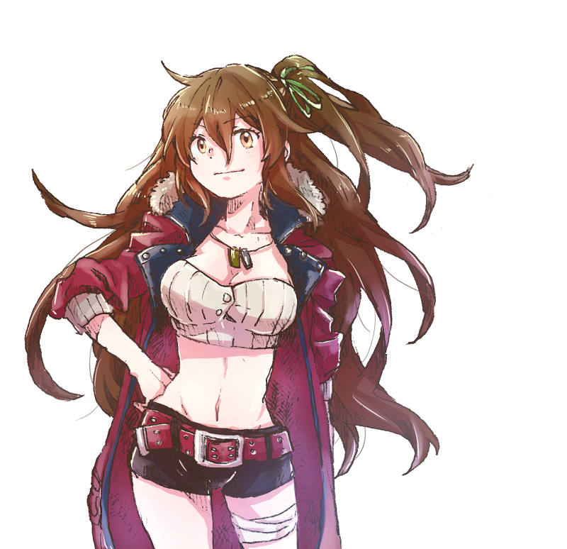1girl amy_(another_eden) another_eden arm_at_side bandaged_leg bandages belt black_shorts breasts brown_eyes brown_hair cleavage closed_mouth coat collarbone commentary_request contrapposto cowboy_shot crop_top double-parted_bangs floating_hair fur-trimmed_coat fur_trim green_ribbon groin hair_between_eyes hair_ribbon hand_on_own_hip hatching_(texture) jewelry large_breasts light_smile linea_alba linear_hatching long_hair looking_at_viewer lowleg lowleg_shorts michibata_65 navel necklace one_side_up open_clothes open_coat pendant popped_collar red_belt red_coat ribbon short_shorts shorts simple_background solo standing stomach strapless three-quarter_sleeves tube_top very_long_hair white_background white_tube_top