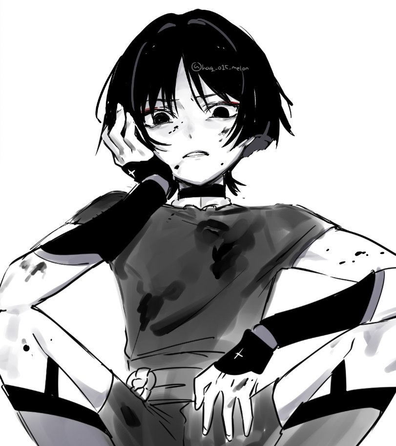 1boy annoyed armor blood blood_on_arm blood_on_face blood_on_leg blunt_ends elbow_on_knee facing_viewer genshin_impact glaring hag_(hag_015) hand_on_own_face japanese_armor jewelry kote looking_at_viewer male_focus monochrome neck_ring parted_lips sash scaramouche_(genshin_impact) shirt short_sleeves sitting sketch solo turtleneck turtleneck_shirt twitter_username