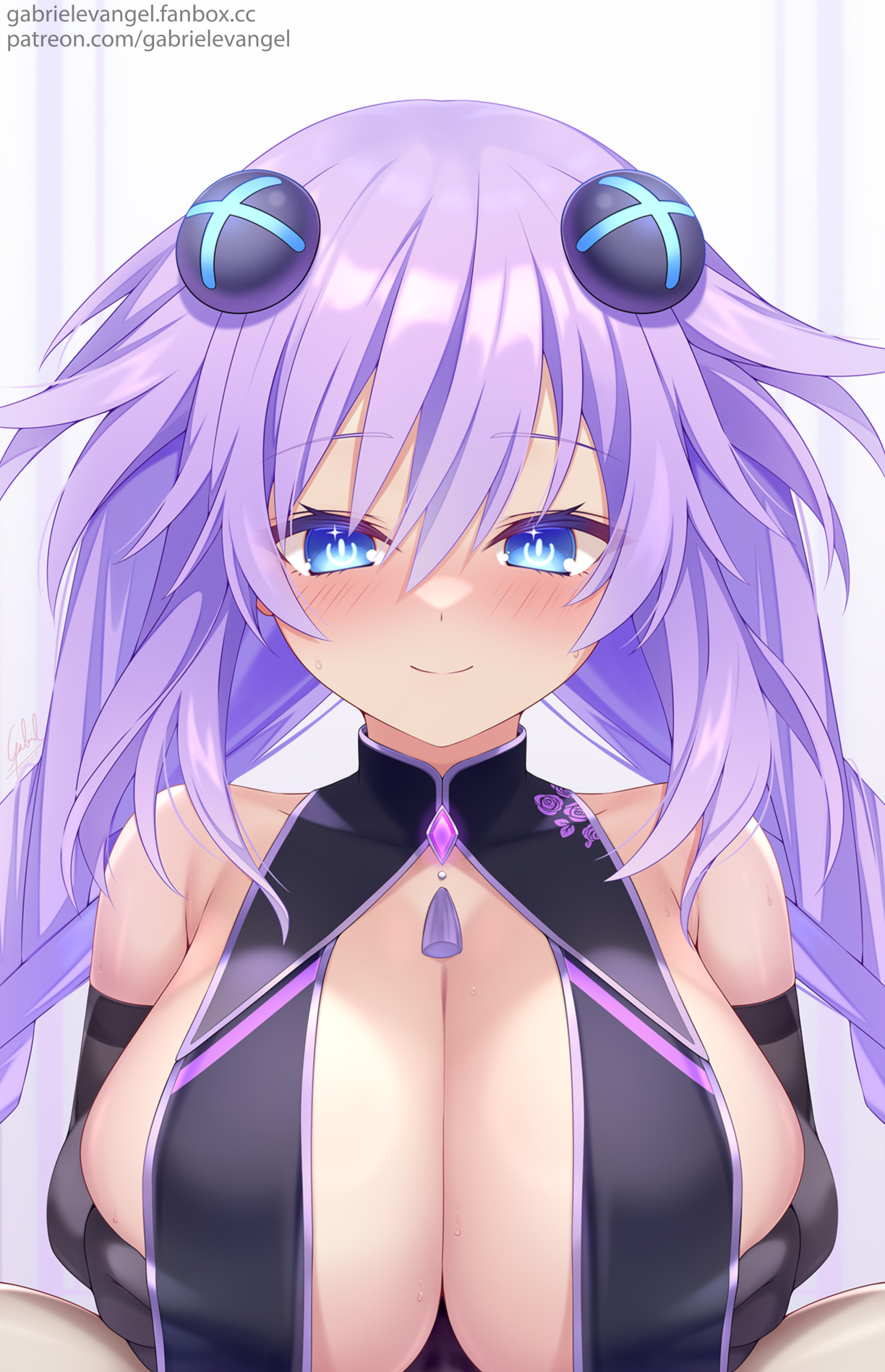 1boy 1girl artist_name black_gloves blue_eyes blush braid breast_curtain breast_curtains breasts china_dress chinese_clothes choujigen_game_neptune cleavage dress elbow_gloves gabriel_evangel gem gloves hair_ornament highres large_breasts looking_at_viewer neptune_(neptunia) neptune_(series) paizuri power_symbol-shaped_pupils purple_gemstone purple_hair purple_heart_(neptunia) shiny_skin signature simple_background smile symbol-shaped_pupils thighhighs twin_braids