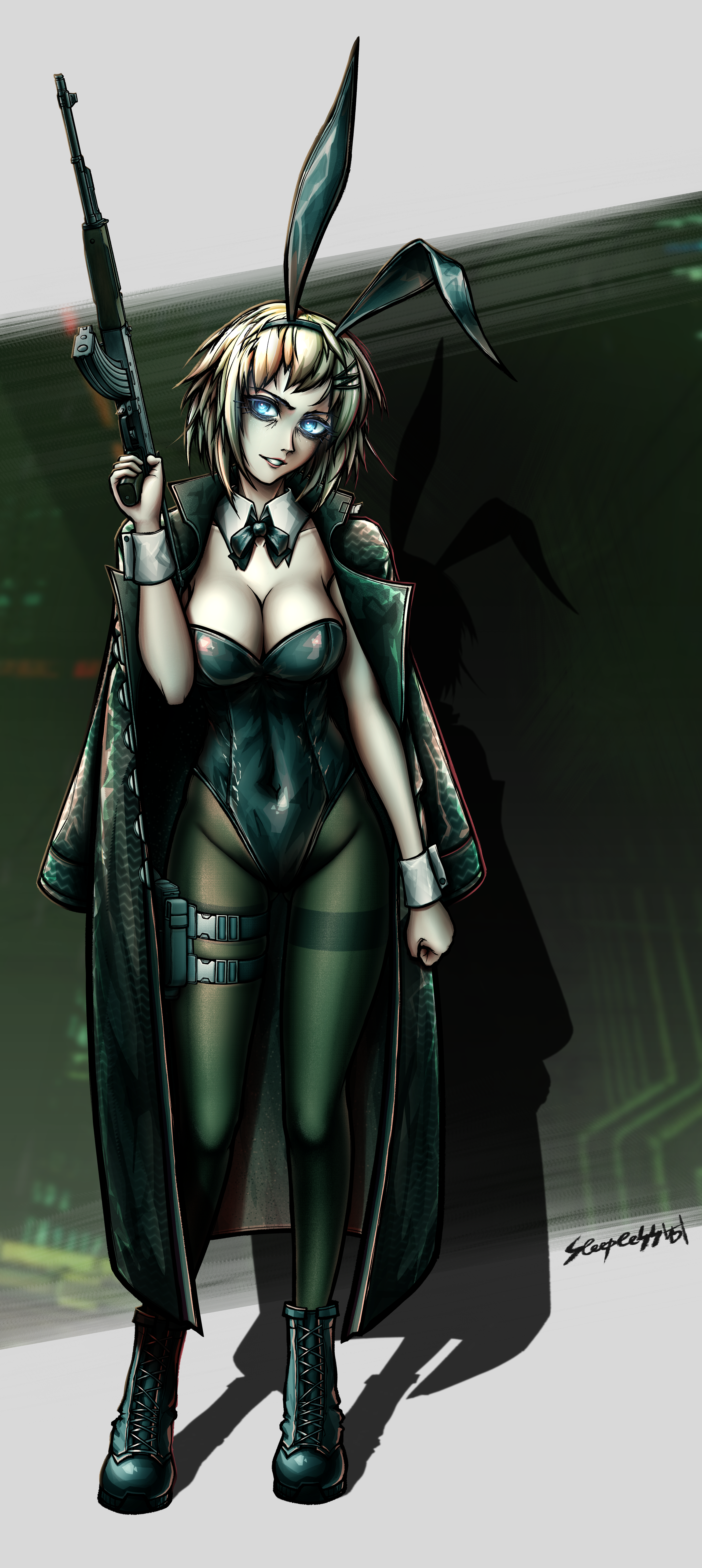1girl absurdres akm akms alternate_breast_size android animal_ears artificial_eye assault_rifle bags_under_eyes black_boots black_bow black_bowtie black_coat black_leotard blonde_hair blue_eyes boots bow bowtie breasts buttons choker coat colored_skin cyberpunk dark_background fake_animal_ears full_body glowing glowing_eyes gun hair_ornament hairband hairclip head_tilt highres holding holding_gun holding_weapon kalashnikov_rifle large_breasts lens_eye leotard light_smile looking_at_viewer makeup marie_(peripeteia) navel nose nose_shade open_clothes open_coat outside_border pantyhose peripeteia playboy_bunny rabbit_ears ribbon_choker rifle shadow short_hair sidelocks sleepless451 solo solo_focus standing twitter_username weapon white_skin wrist_cuffs