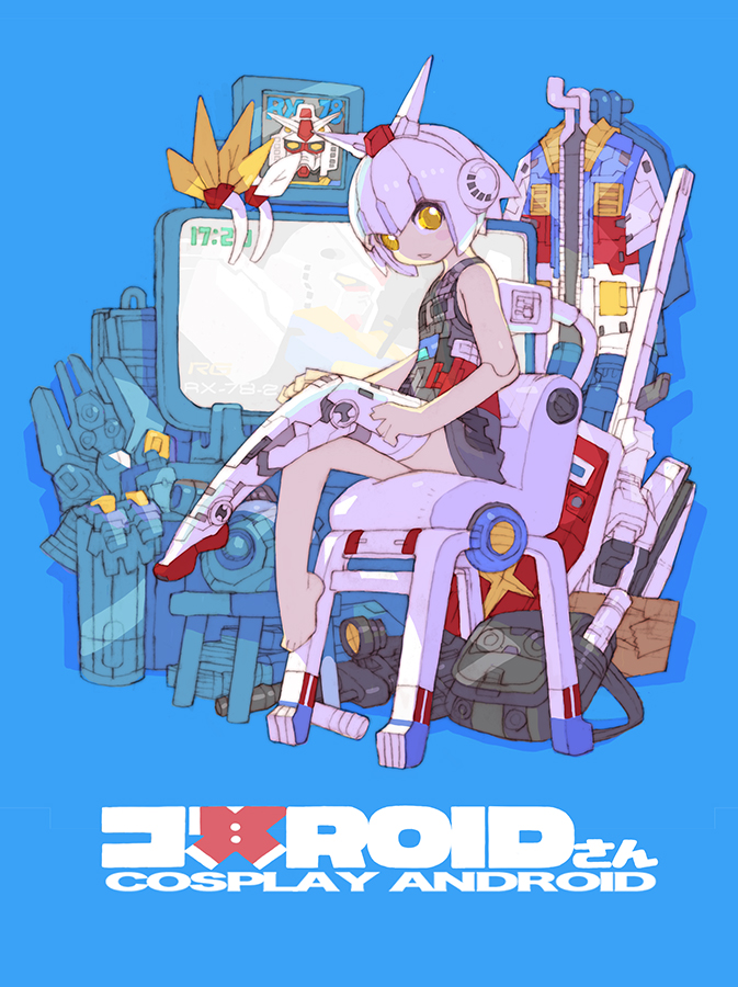 1girl android bare_shoulders blue_background chair english_text full_body looking_at_viewer monitor nakayama_tooru on_chair original portrait robot_girl short_hair solo white_hair yellow_eyes
