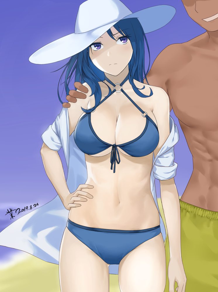 &gt;:( 1boy 1girl arm_at_side bare_shoulders bikini blouse blue_bikini blue_eyes blue_hair blue_ribbon blue_sky breasts caitlyn_(league_of_legends) cleavage closed_eyes commentary_request cowboy_shot dark-skinned_female dark-skinned_male dark_skin dated day faceless faceless_male front-tie_bikini_top front-tie_top hand_on_another&#039;s_shoulder hand_on_own_hip hat large_breasts league_of_legends long_hair looking_at_viewer male_swimwear mr_yah navel off_shoulder open_clothes open_shirt outdoors pool_party_caitlyn ribbon shirt short_sleeves signature sky solo_focus stomach sun_hat swim_trunks swimsuit topless_male v-shaped_eyebrows white_headwear white_shirt yellow_male_swimwear yellow_swim_trunks