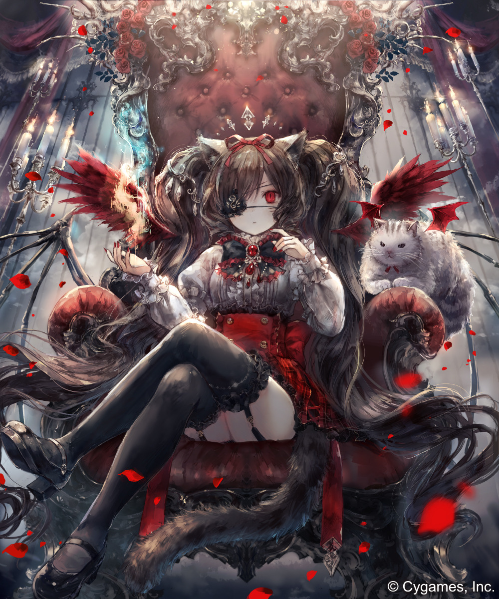 1girl animal_ears black_bow blunt_bangs bow bowtie buller_(shingeki_no_bahamut) candle cat cat_ears cat_girl cat_tail commentary copyright_notice couch crossed_legs cygames dress eyepatch highres jewelry long_hair long_sleeves nail_polish onineko red_dress red_eyes red_nails red_ribbon red_wings ribbon ribbon_hair shingeki_no_bahamut shoes sitting strap tail thighhighs very_long_hair white_dress wings