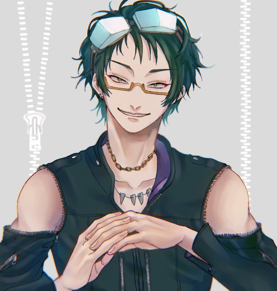 1boy glasses gnosia goggles green_hair jewelry looking_at_viewer male_focus necklace sha-ming shirt short_hair simple_background smile solo tagme upper_body yao_kha38 zipper