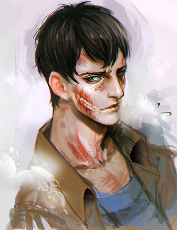 1boy bags_under_eyes bertolt_hoover blue_shirt brown_hair brown_jacket closed_mouth collarbone collared_jacket commentary crew_neck english_commentary exposed_muscle hair_between_eyes jacket looking_at_viewer male_focus mistermagnolia open_clothes open_jacket shingeki_no_kyojin shirt short_hair solo teeth unfinished upper_body yellow_eyes