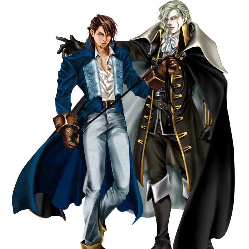 2boys alucard_(castlevania) alucard_(castlevania)_(cosplay) ascot boots brown_eyes brown_hair cape castlevania:_symphony_of_the_night castlevania_(series) coat cosplay crossover crouton256 dhampir gloves grey_hair hair_ornament hairclip half-human kaburagi_t._kotetsu lips long_coat long_hair look-alike multiple_boys parody richter_belmont richter_belmont_(cosplay) tiger_&amp;_bunny trench_coat undead vampire whip yuri_petrov