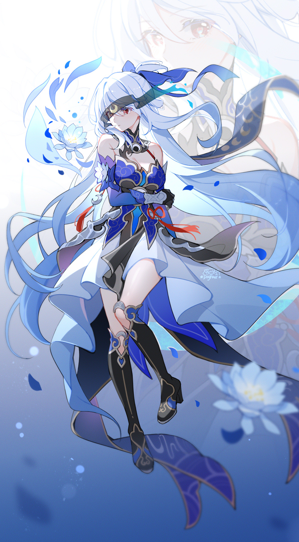 1girl bare_shoulders black_blindfold blindfold blue_dress blue_sleeves boots breasts chinese_commentary cleavage closed_mouth commentary_request crescent detached_sleeves dress epiphyllum flower full_body gou_lianlian_dogface highres honkai:_star_rail honkai_(series) jingliu_(honkai:_star_rail) knee_boots long_hair looking_at_viewer lotus medium_breasts petals red_eyes revision solo very_long_hair white_flower zoom_layer
