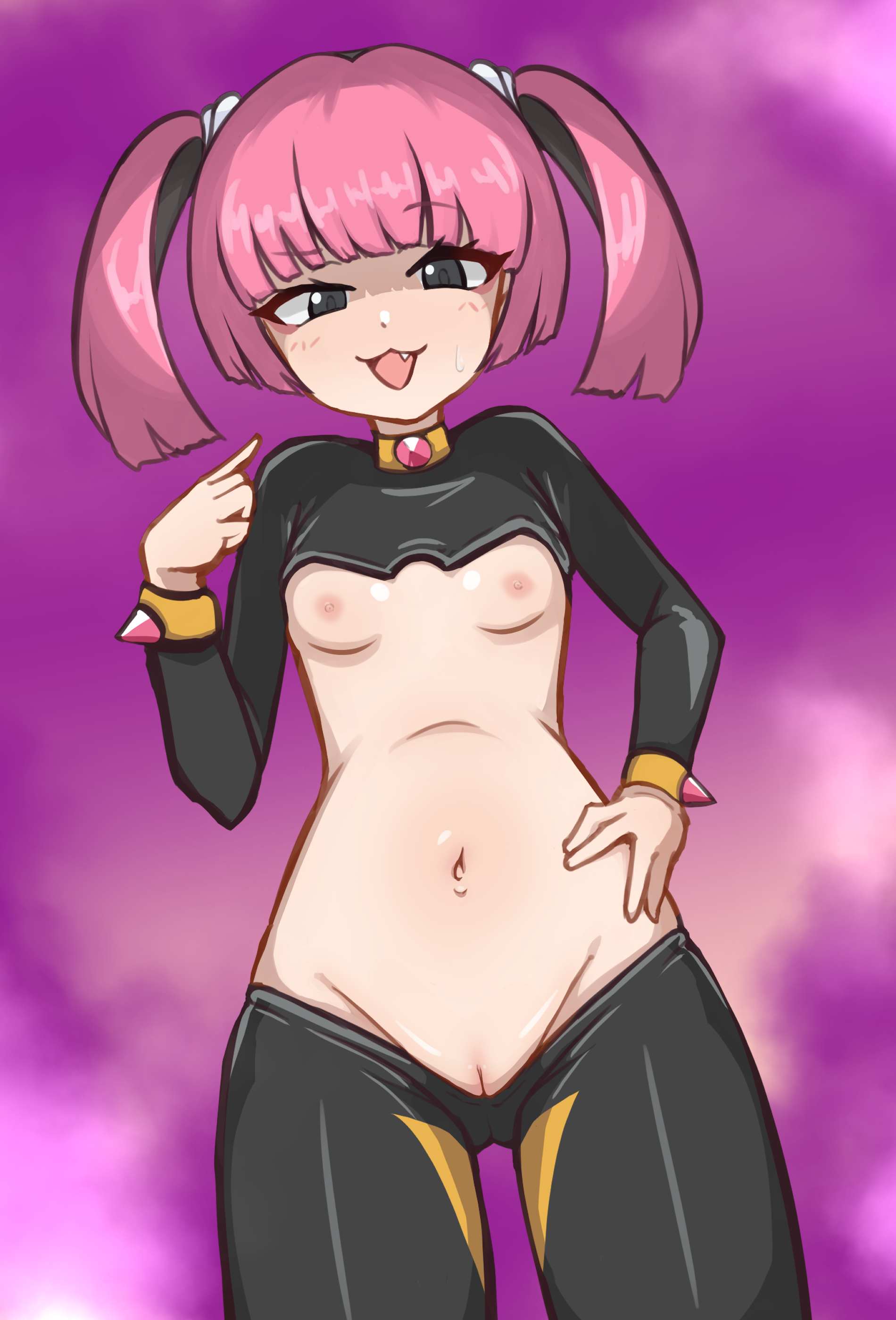 1girl absurdres black_pantyhose black_shrug breasts cleft_of_venus commentary coral_(pokemon) english_commentary english_text fang from_below game_freak hand_on_own_hip highres long_sleeves looking_at_viewer meme_attire mesugaki navel nintendo nipples nude open_mouth pantyhose pink_background pink_hair pointing pointing_at_self pokemon pokemon_(anime) pokemon_horizons psycho_orb pussy reverse_bunnysuit reverse_outfit shrug_(clothing) small_breasts smug sweatdrop twintails