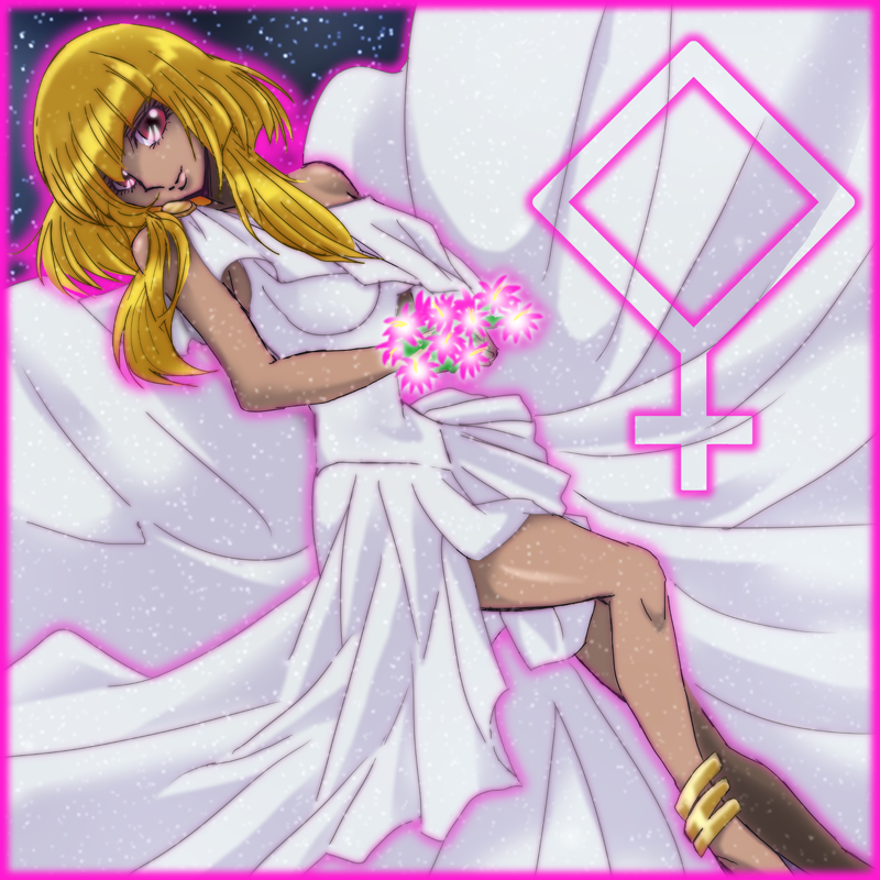 1girl artist_request blonde_hair bracelet dark_skin dress female_focus jewelry looking_at_viewer pallas pink_eyes saint_seiya saint_seiya_omega shiny_skin